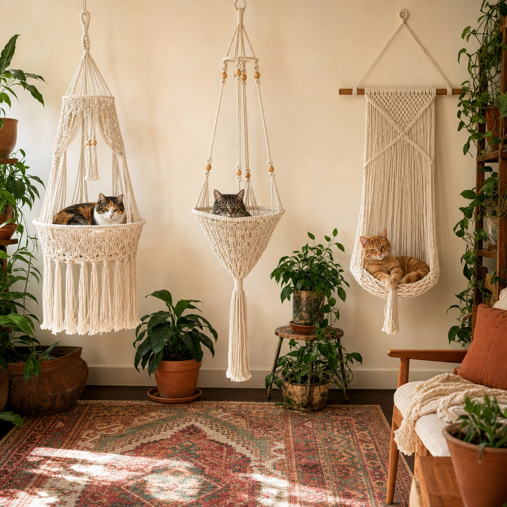 Three Purrch handwoven cat bed styles displayed together